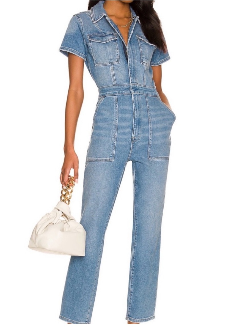 Good American Light Blue Denim Straight-Leg Jumpsuit